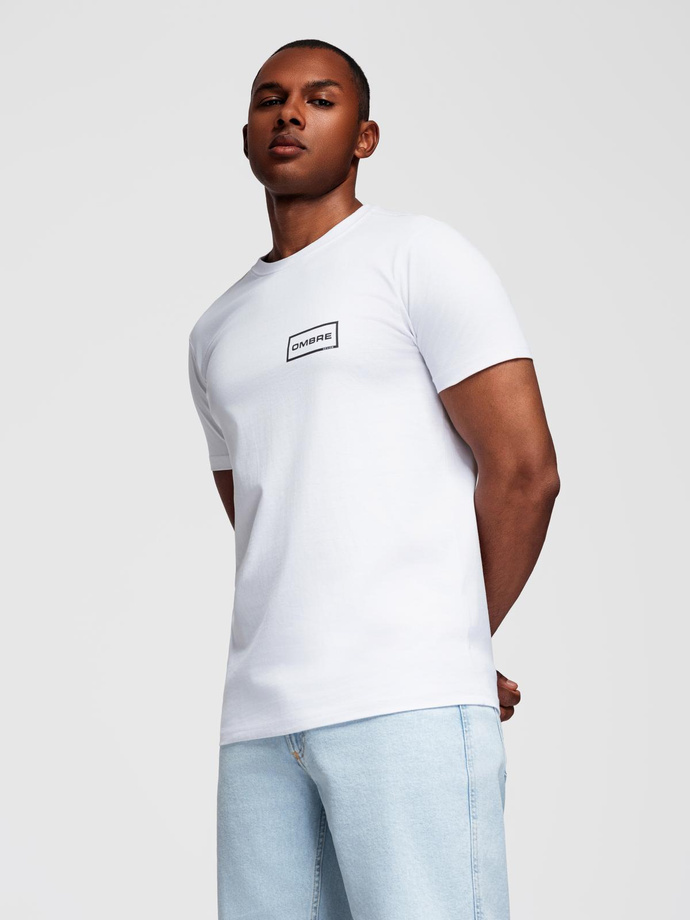 Męska koszulka dzianinowa z nadrukiem o kroju REGULAR - biała V1 OM-TSPT-0231