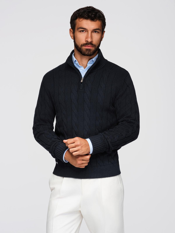 Men's plaid sweater with turtleneck zipper - black V2 OM-SWZS-0138