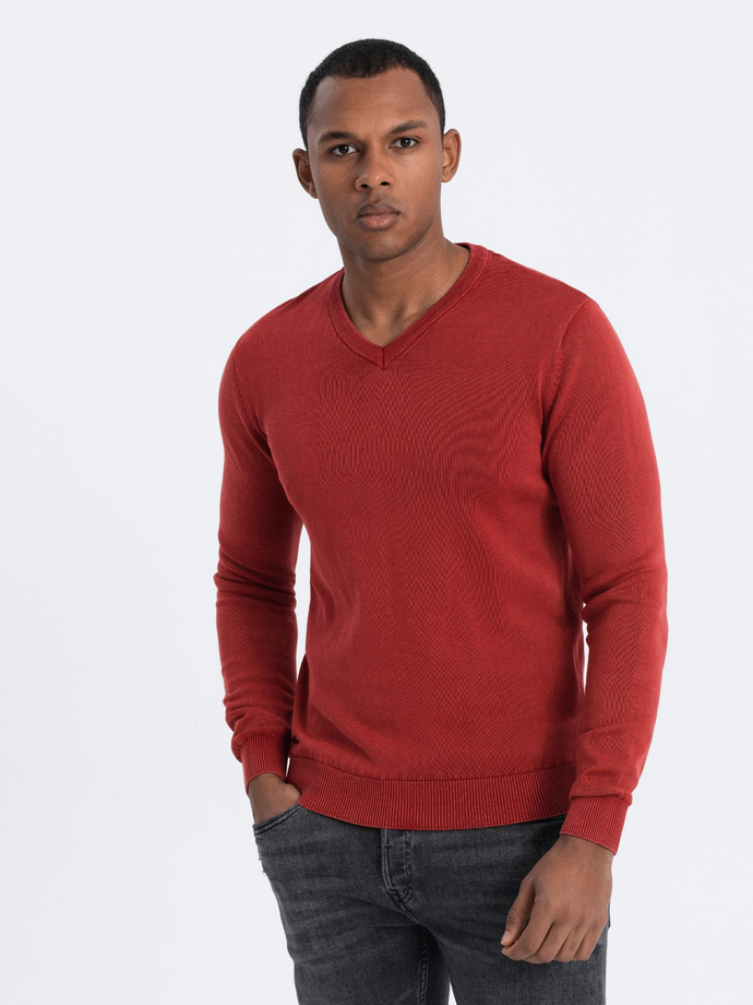 Men's wash sweater with v-neck - red V3 OM-SWOS-0108