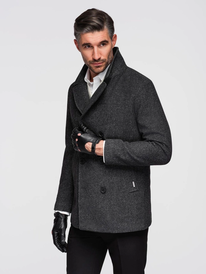 Men's short double-breasted wool coat - graphite V1 OM-COWC-0115