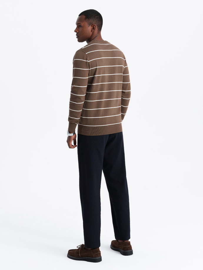 Men's casual sweater with horizontal stripes - brown V3 OM-SWSW-0143