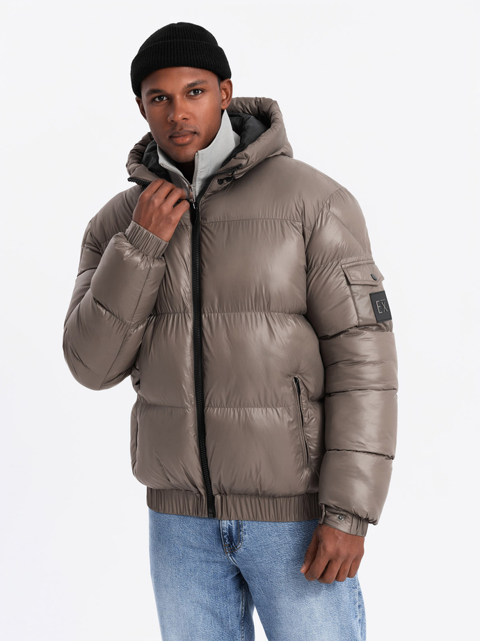 Warm men's puffer jacket with welts - dark beige V3 OM-JAHP-0207