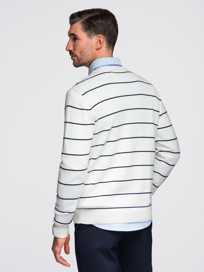 Men's casual sweater with horizontal stripes - cream V2 OM-SWSW-0143