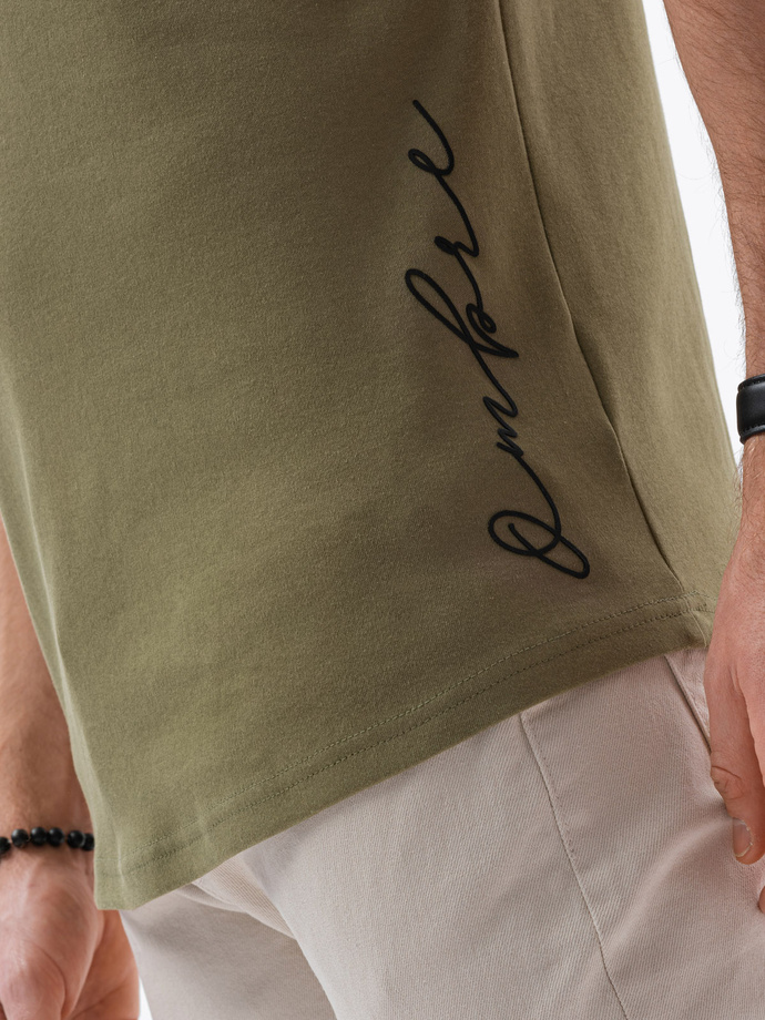 T-shirt męski bawełniany z nadrukiem - oliwkowy V4 S1387