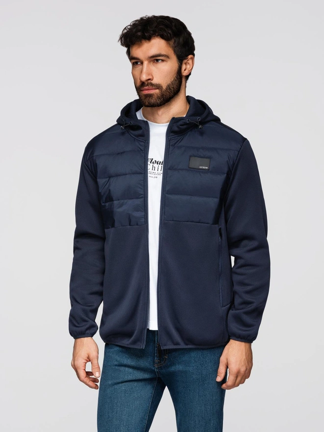 Men's lightweight jacket of combined materials with hood and decorative quilting - navy blue V4 OM-JANP-0160