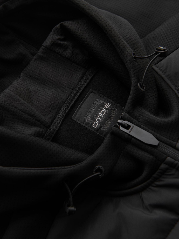 Men's lightweight jacket of combined materials with hood and decorative quilting - black V5 OM-JANP-0160