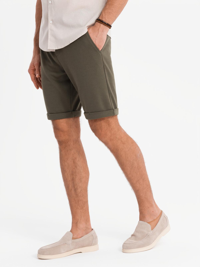 Men's knit shorts with rolled up legs - olive V5 OM-SRCS-0170