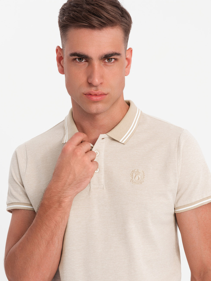 Men's melange polo shirt with striped collar - sand V4 OM-POSS-0109