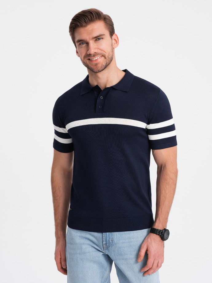 Men's soft knit polo shirt with contrasting stripes - navy blue V2 OM-POSS-0118