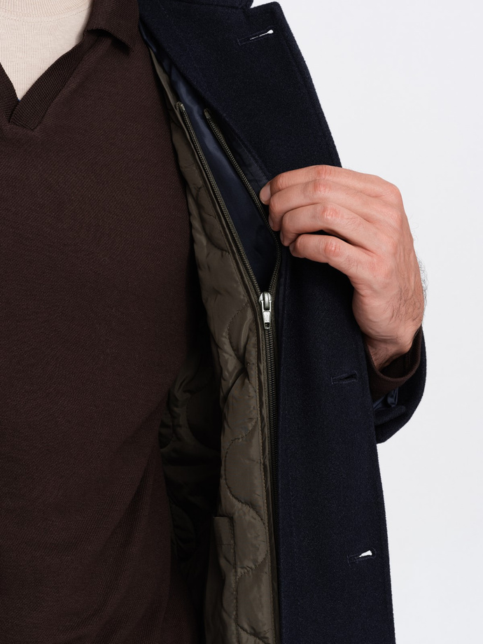 Men's long single-breasted coat with collar and undercoat - navy blue V3 OM-COWC-0106