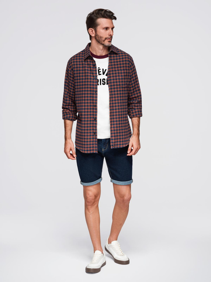 Koszula męska flanelowa w kratę - granatowo-ceglasta V6 OM-SHCS-0150