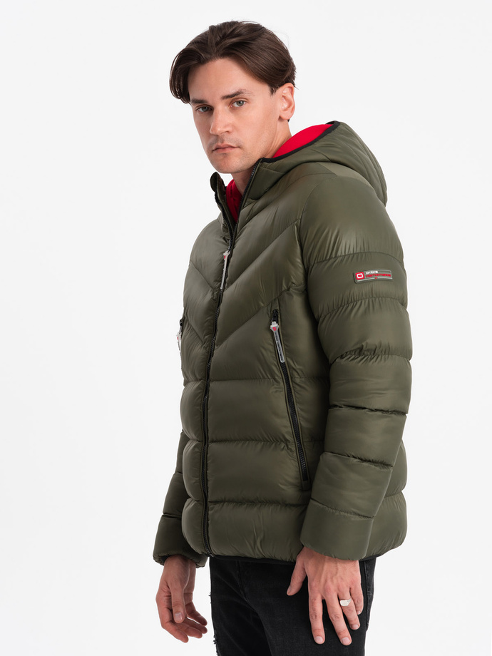 Men's quilted winter jacket with combined materials - dark olive green V3 OM-JAHP-0145