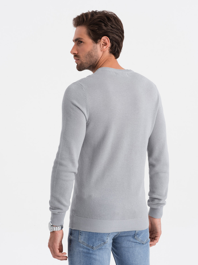 Men's textured sweater with half round neckline - light grey V5 OM-SWSW-0104