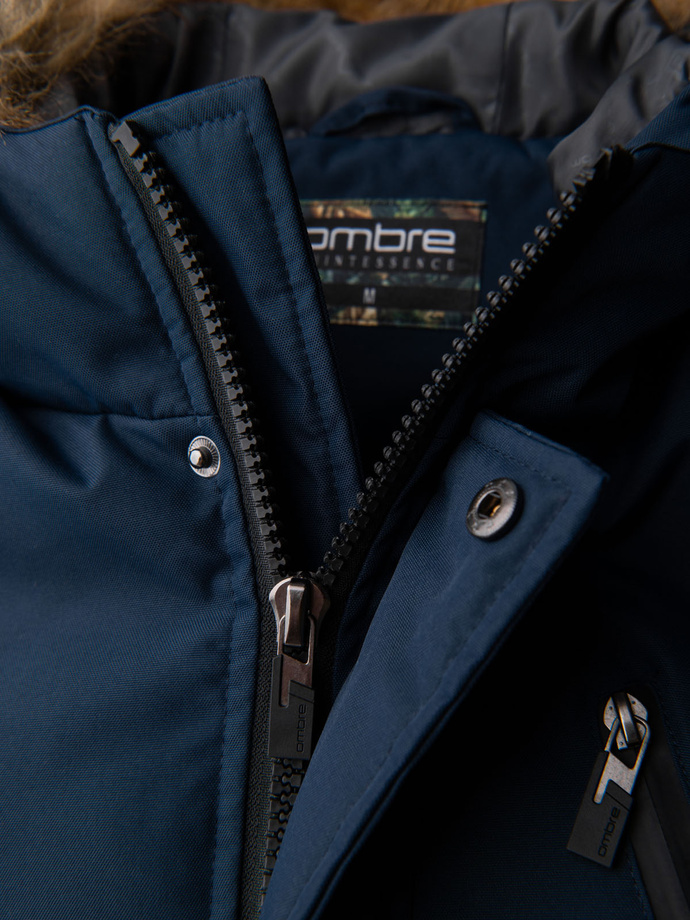 Ocieplana kurtka męska alaska z kieszeniami i rozpinanym dołem – granatowa V1 OM-JALJ-0148