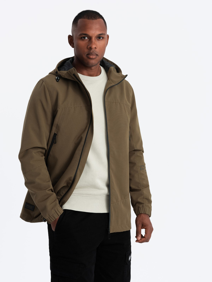 Men's lightweight storm jacket with hood - brown V2 OM-JANP-0191