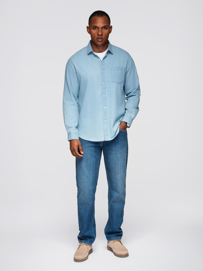 Men's denim shirt with embroidered pocket - light blue V1 OM-SHDS-0181
