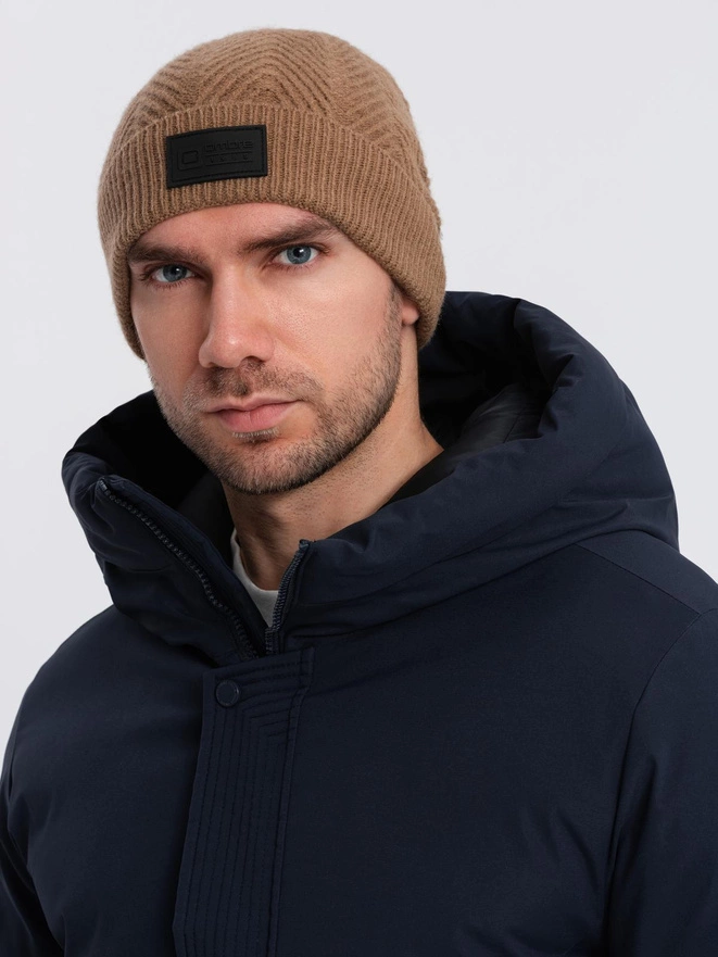 Men's knitted sweater weave cap with patch - light brown V4 OM-ACWH-0122