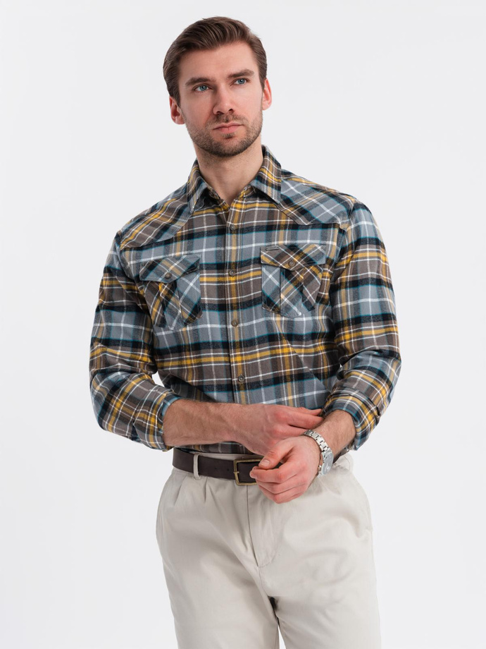 Męska flanelowa koszula w kratę z kieszeniami - szaro-żółta V1 OM-SHCS-0149