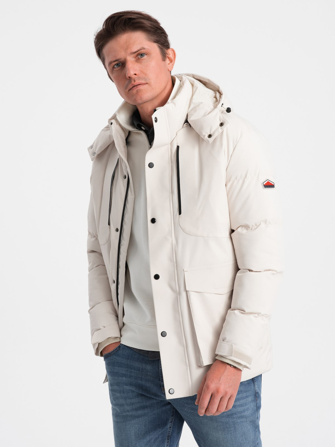 Men's winter jacket with detachable hood and cargo pockets - cream V2 OM-JAHP-0152