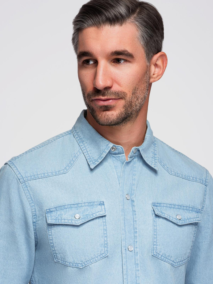Men's denim snap shirt with pockets - light blue V1 OM-SHDS-0210
