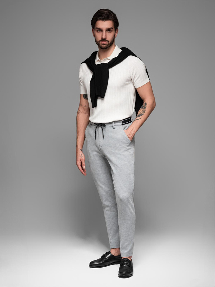 Men's knitted pants with elastic waistband - light grey V1 OM-PACP-0116