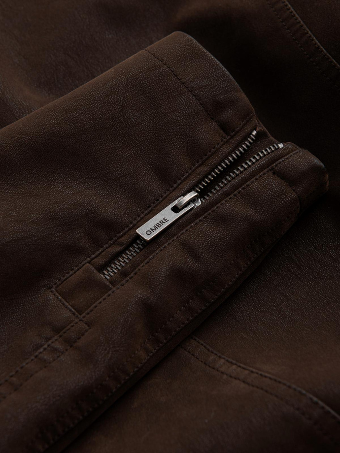 Męska stylowa kurtka biker z eco skóry ze stójką - ciemnobrązowa V1 C637