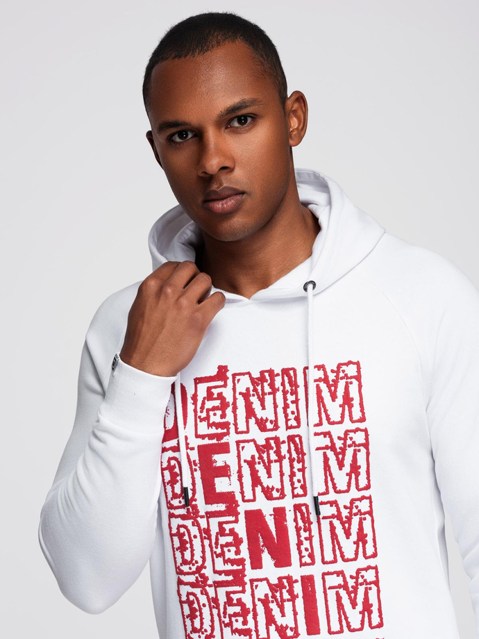 Men's non-stretch kangaroo sweatshirt with hood and print - white V3 OM-SSPS-0158