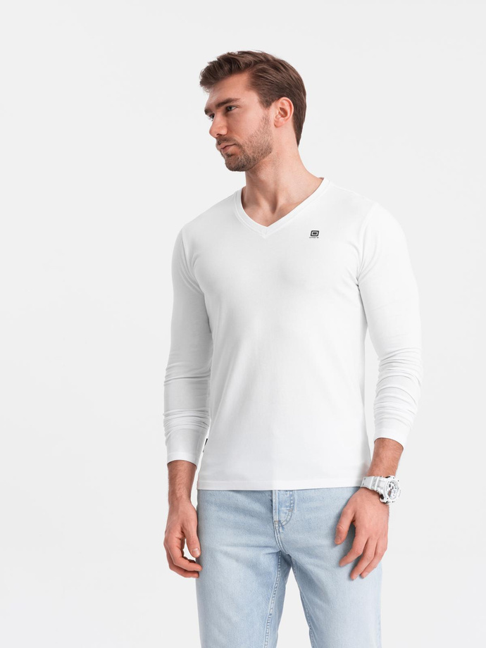 Komplet męskich longsleeve'ów SLIM FIT z dekoltem typu V i logotypem 2-pak – 2x biały V4 Z103