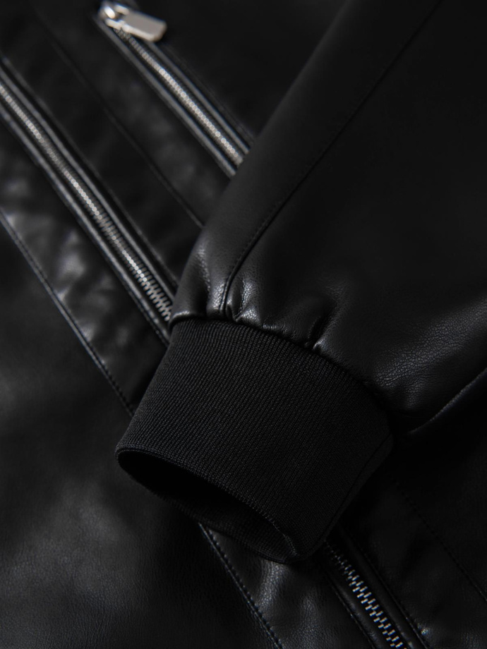 Men's faux leather jacket with ribbed bottom hem - black V2 OM-JAFL-0109