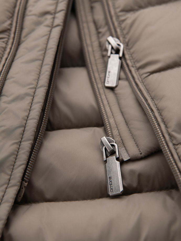 Men's quilted jacket with two fasteners - dark beige V4 OM-JALP-0231