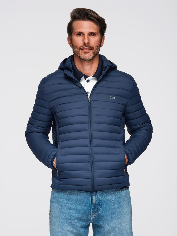 Men's quilted jacket with high zipped hood - black V1 OM-JAHP-0238