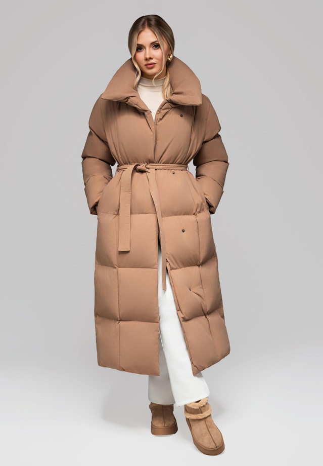 Women's quilted long jacket with belt OW-JALJ-0104 v3 - brown