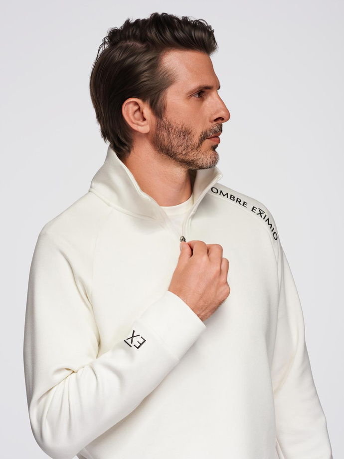 Men's sweatshirt with unbuttoned high collar and contrasting print - ecru V2 OM-SSZP-0211