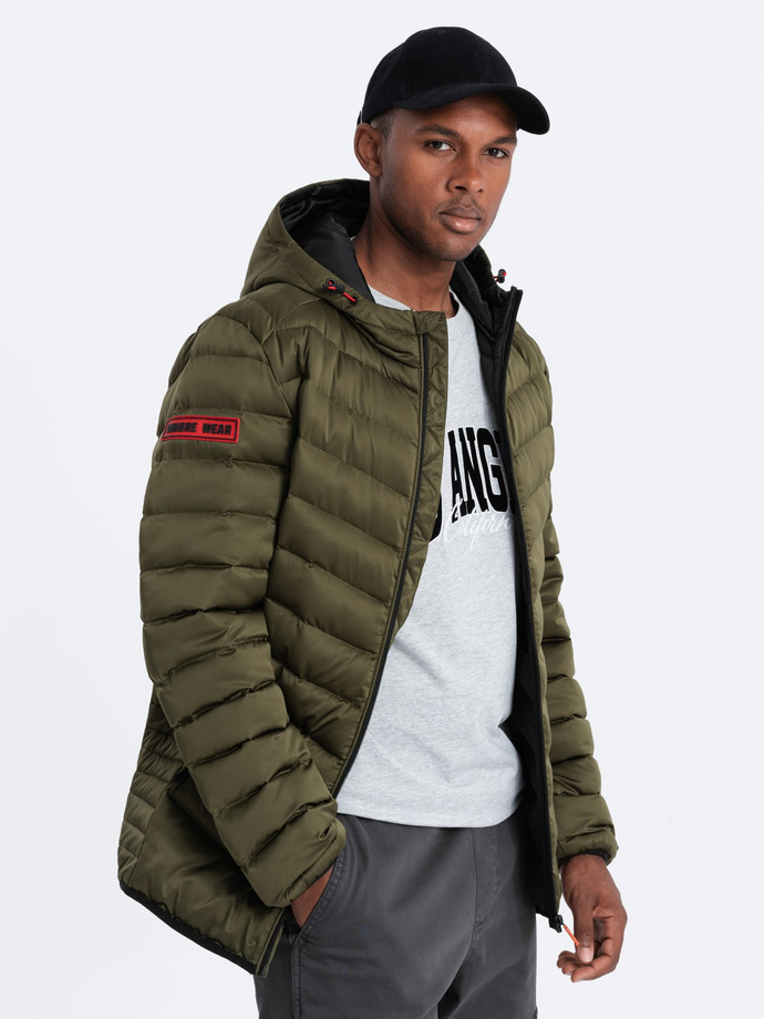 Men's quilted jacket with satin finish - dark olive green V13 OM-JALP-0121