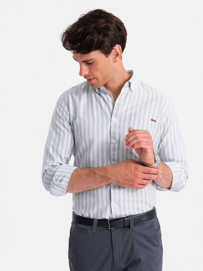 Men's REGULAR FIT shirt in white stripes with pocket - grey V1 OM-SHOS-0171