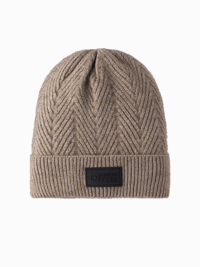 Men's knitted sweater-weave cap with patch - ash V6 OM-ACWH-0122