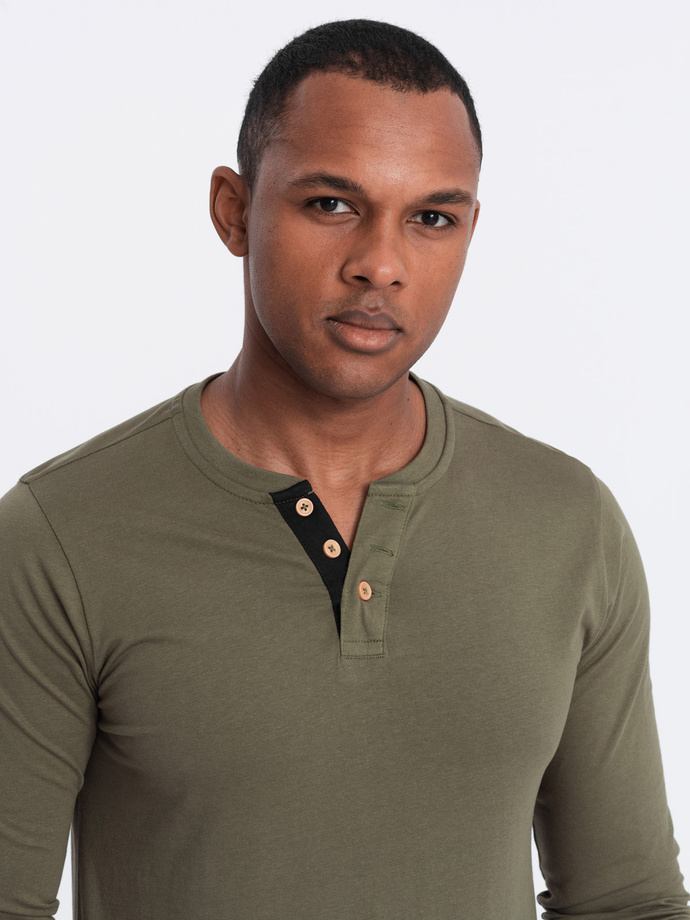 Men's cotton longsleeve with buttons at the neckline - dark olive V1 OM-LSCL-0107