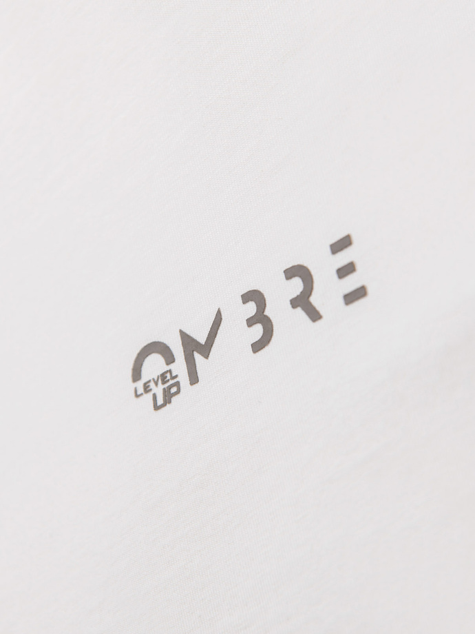 Bawełniany męski longsleeve U-neck z lampasami i nadrukiem na piersi – złamana biel V3 OM-LSCL-0127