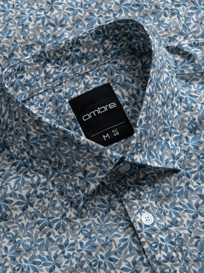 Koszula męska SLIM FIT w print drobnych liści - jasnoniebieska V1 OM-SHPS-0163