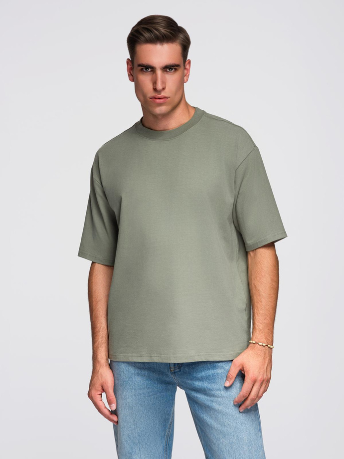 Męski t-shirt bawełniany LOOSE FIT z okrągłym dekoltem – khaki V8 OM-TSBC-0234