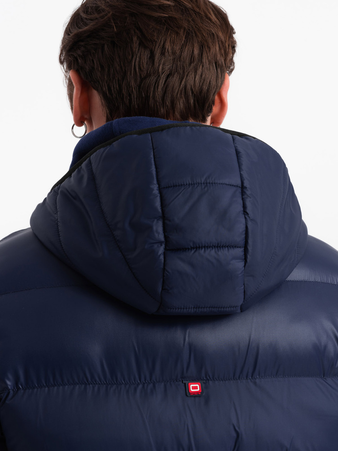 Men's winter quilted jacket of combined materials - navy blue V2 OM-JAHP-0145