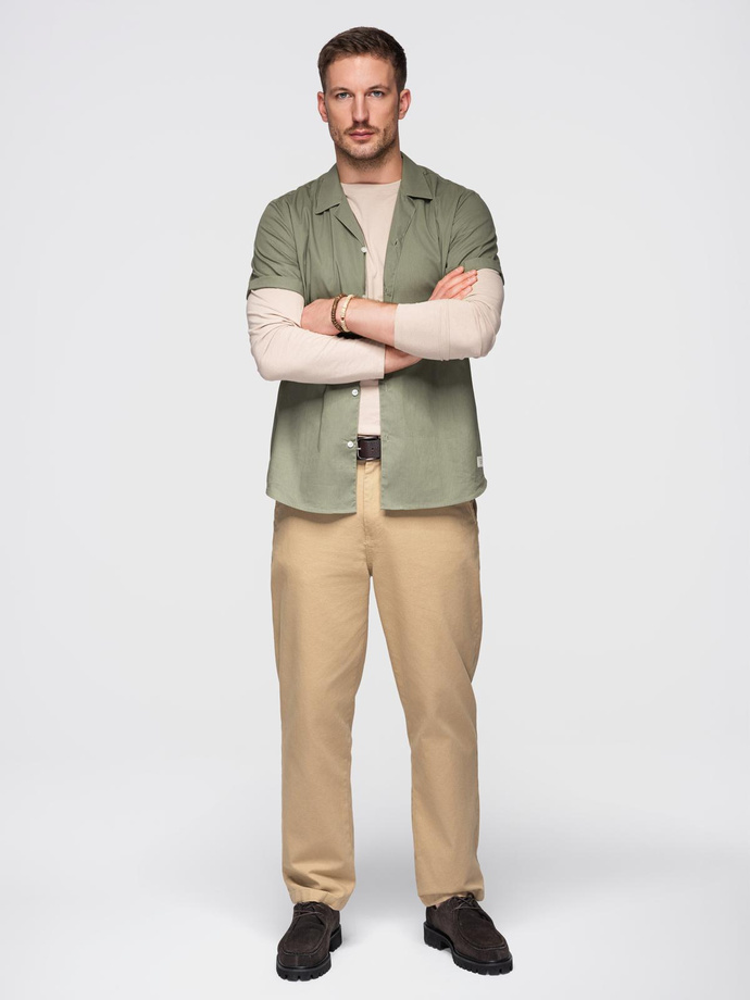 Men's short sleeve shirt with Cuban collar - khaki V4 OM-SHSS-0168