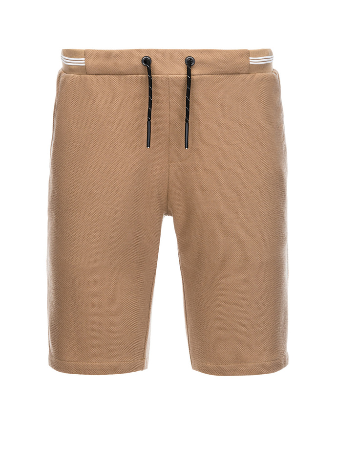 Men's knitted shorts with decorative elastic waistband - light brown V4 OM-SRCS-0110