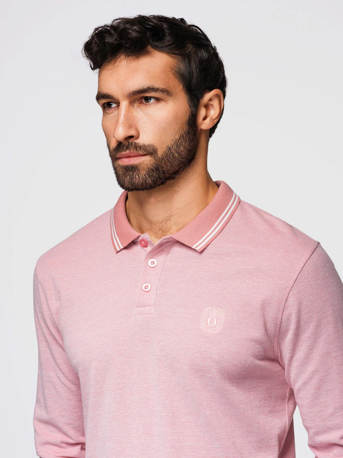 Męski melanżowy longsleeve polo z haftem – różowy melanż V2 OM-POLS-0129