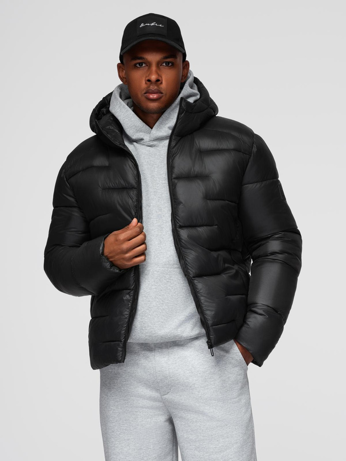 Men's quilted puffer jacket with hood - black V1 OM-JAHP-0235