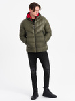 Men's quilted winter jacket with combined materials - dark olive green V3 OM-JAHP-0145