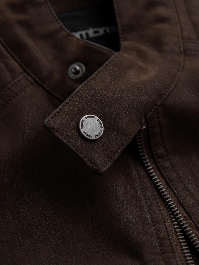 Męska kurtka biker w stylu retro ze stójką – brązowa V1 OM-JAFL-0197