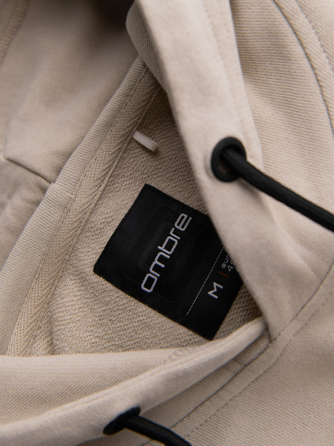 Bawełniana męska bluza z kapturem z kontrastującymi elementami - beżowa V2 OM-SSNZ-0225