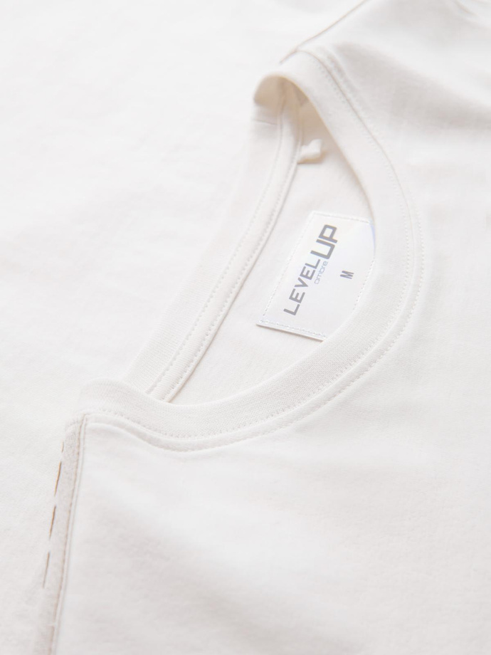 Bawełniany męski longsleeve U-neck z lampasami i nadrukiem na piersi – złamana biel V3 OM-LSCL-0127