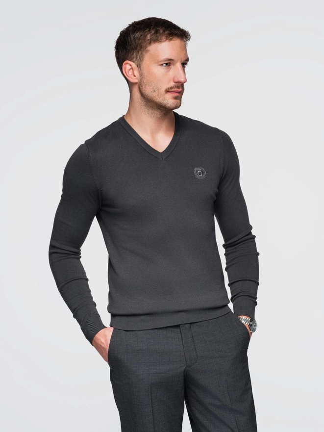 Elegant men's sweater with a heart neckline - graphite V17 OM-SWBS-0107